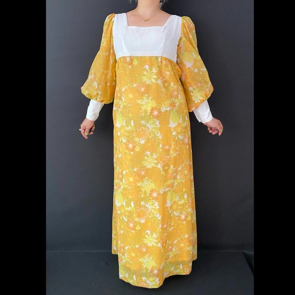 60s/70s Psychedelic Flower Power Long Sleeve Maxi Dress
